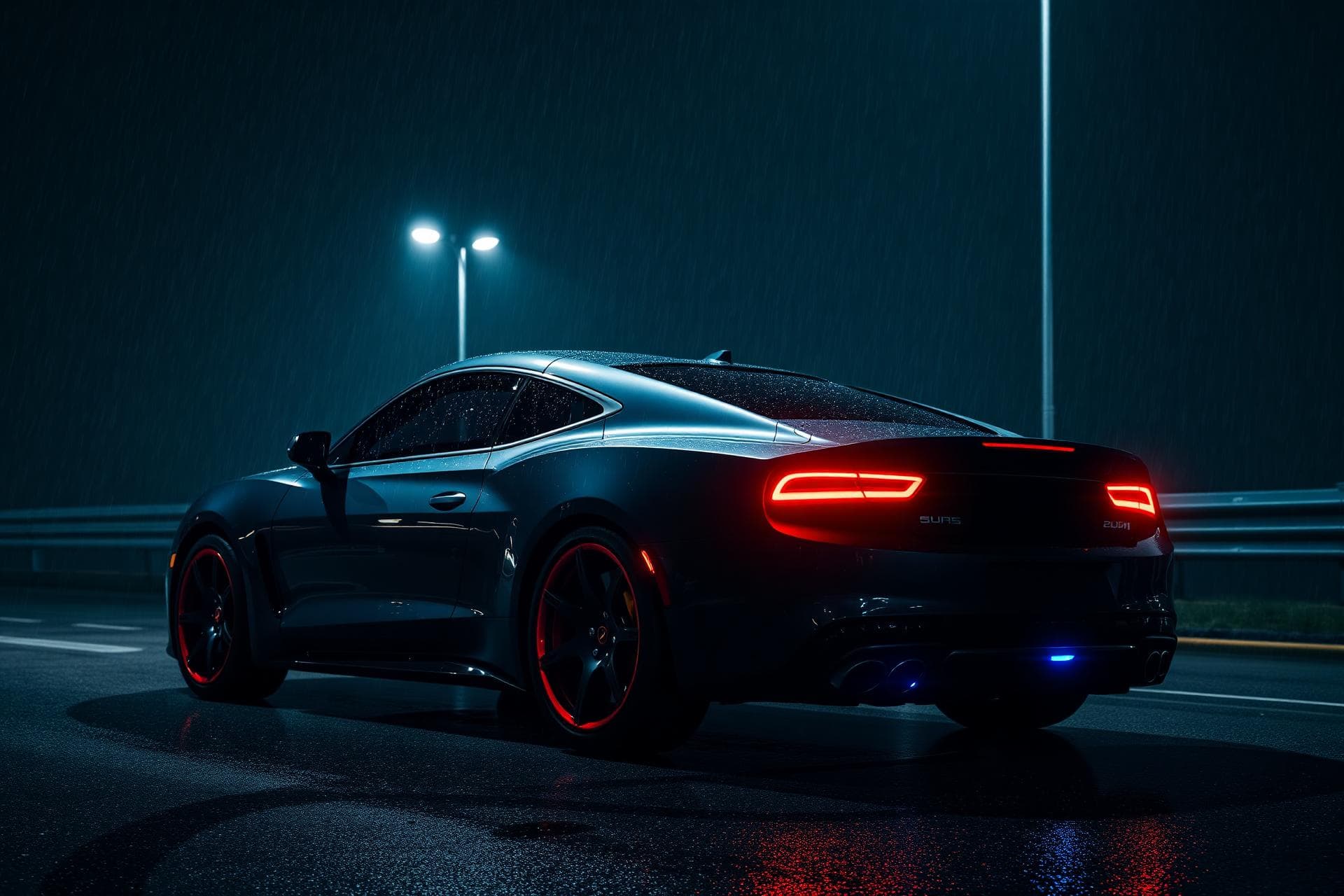 Sleek car under hailstorm at night
